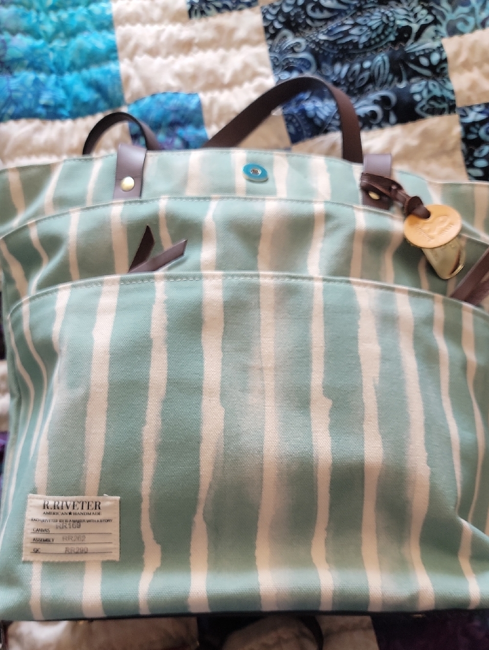 R. Riveter Striped Mint Canvas Tote with Leather Handles NWOT